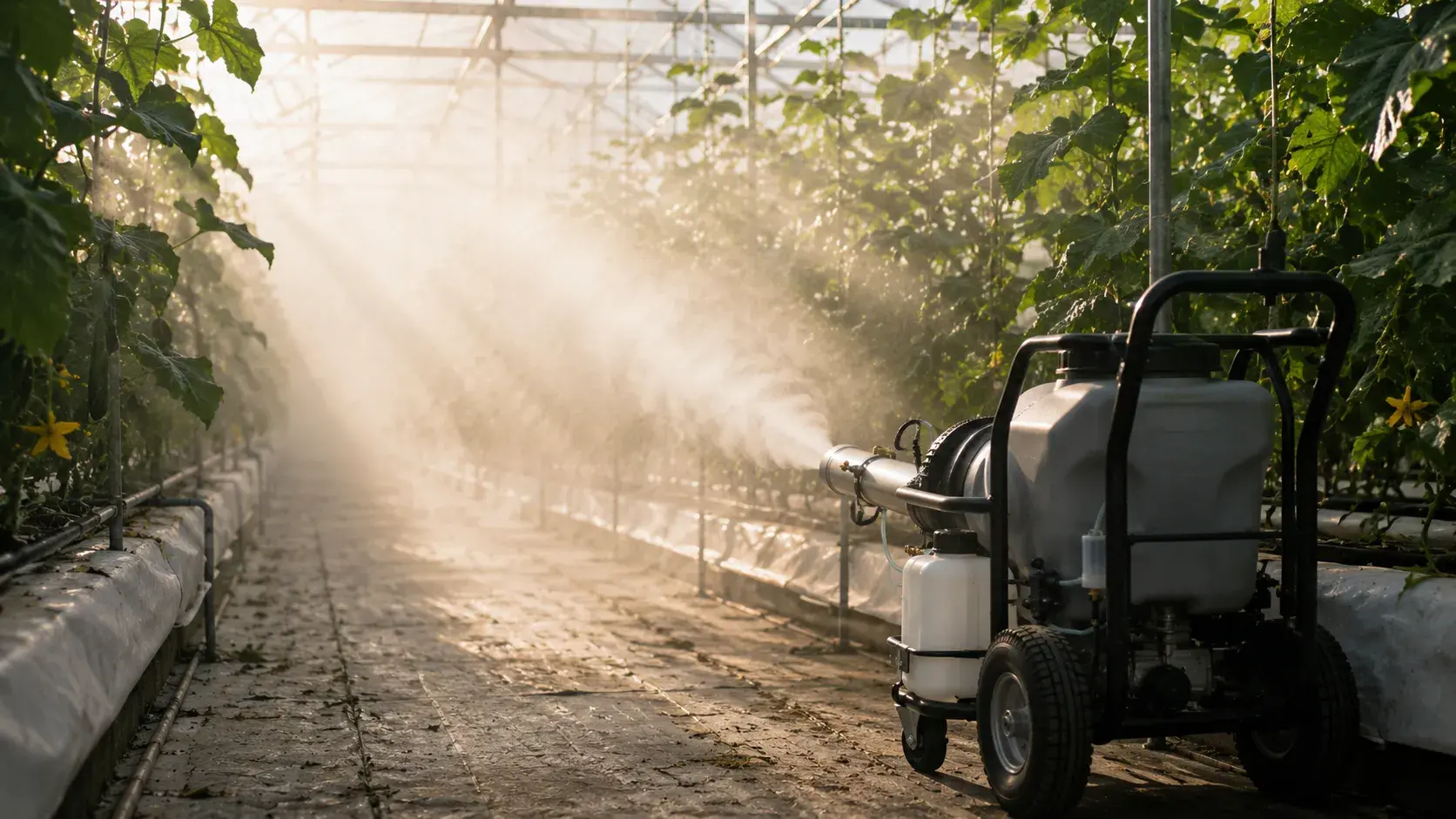 Nebulización profesional aplicada en un cultivo agrícola
