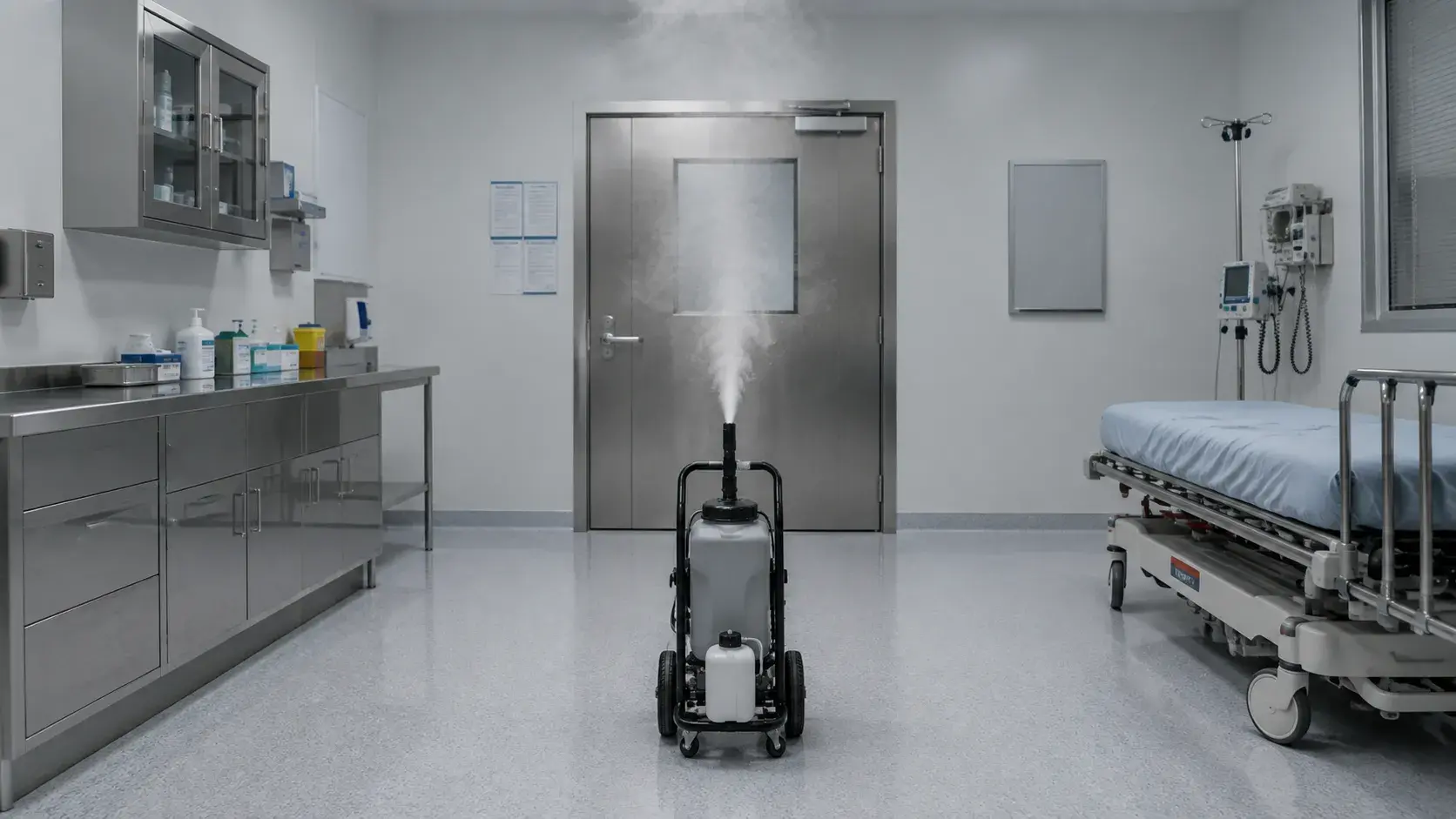 Sala clínica preparada para la desinfección de superficies mediante nebulización por vía aérea